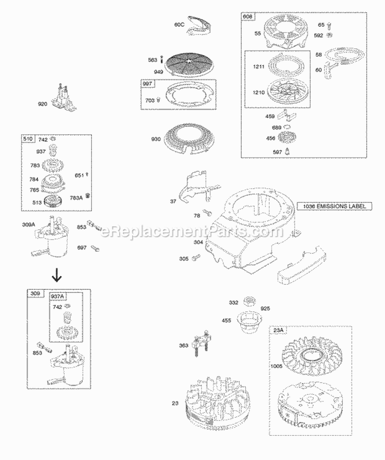Blower Housing Electric Starter Flywheel Rewind Starter Diagram and Parts List for  Briggs and Stratton Engine